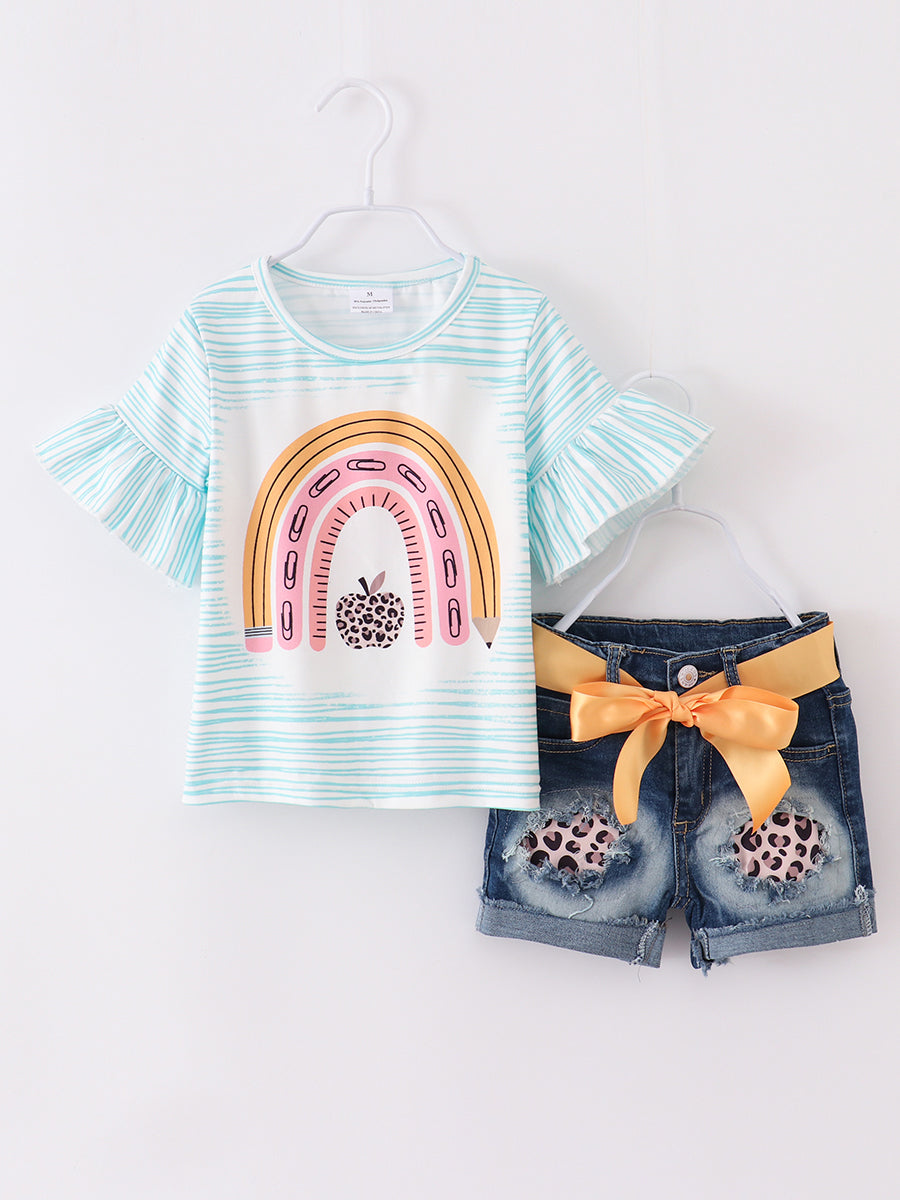 Girls Top & Shorts Matching Set Embroidered Patchwork Apple & Pencil