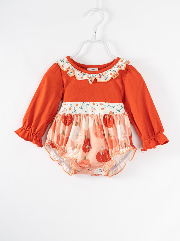 Orange Pumpkin Ruffle Baby Girl Bubble Romper-baby clothing wholesale
