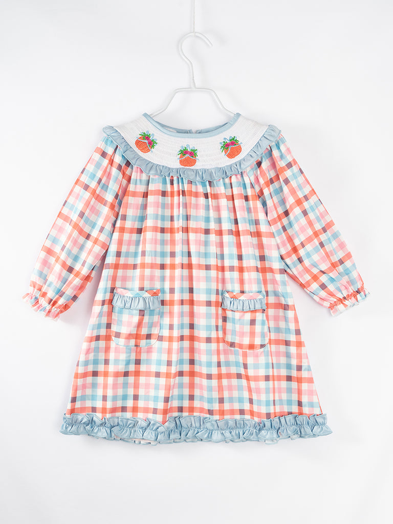 Blue Orange Plaid Pumpkin Girl Smocked Dress-children's boutique clothing wholesale usa