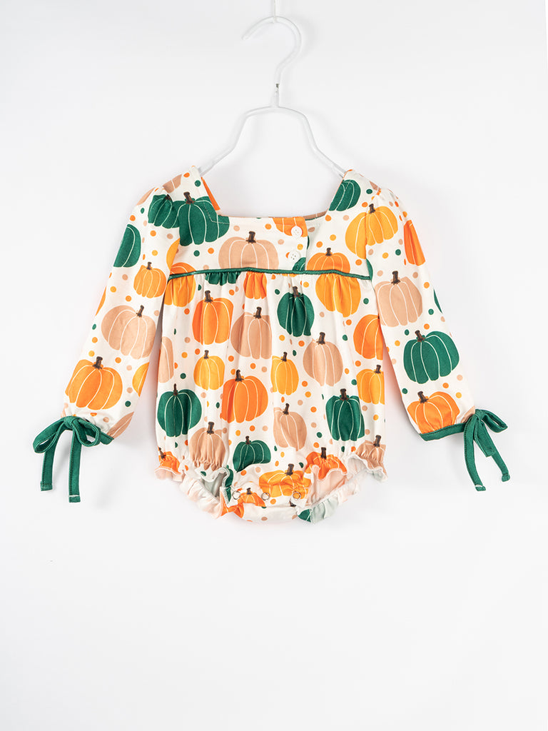 Orange Pumpkin Print Baby Girl Bubble Romper