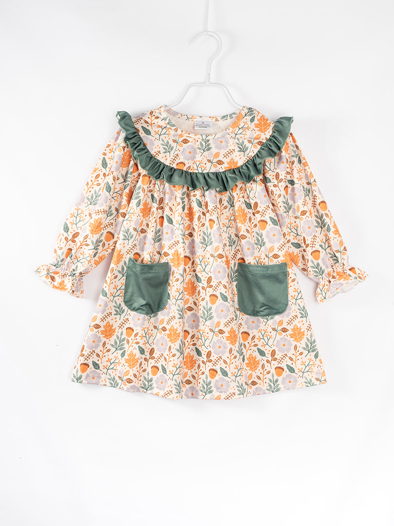 Green Pocket Floral Print Ruffle Girl Dress