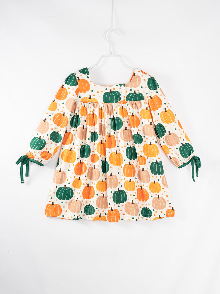 Orange Pumpkin Print Girl Dress