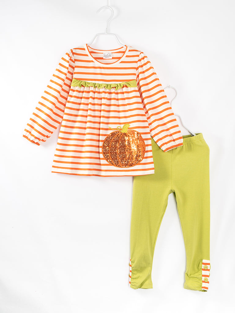 Halloween Orange Stripe Sequins Pumpkin Girl Pant Set