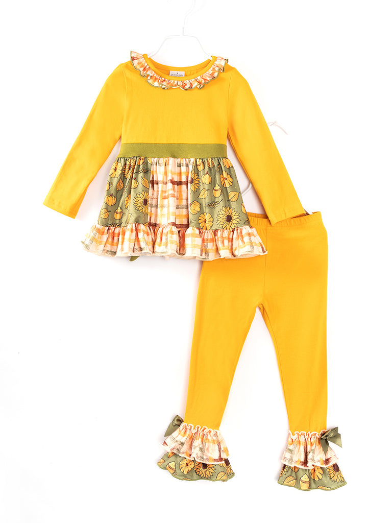Yellow Plaid Sunflower Ruffle Girl Pant Set-kids boutique clothing wholesale