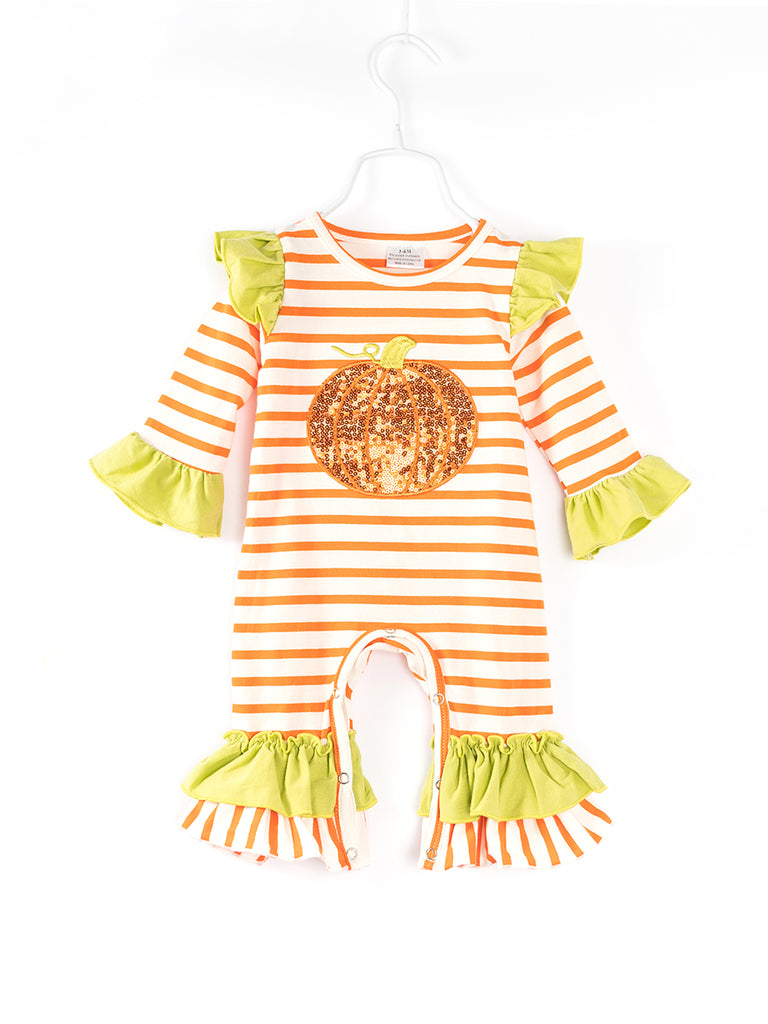 Orange Stripe Sequins Pumpkin Ruffle Baby Girl Romper