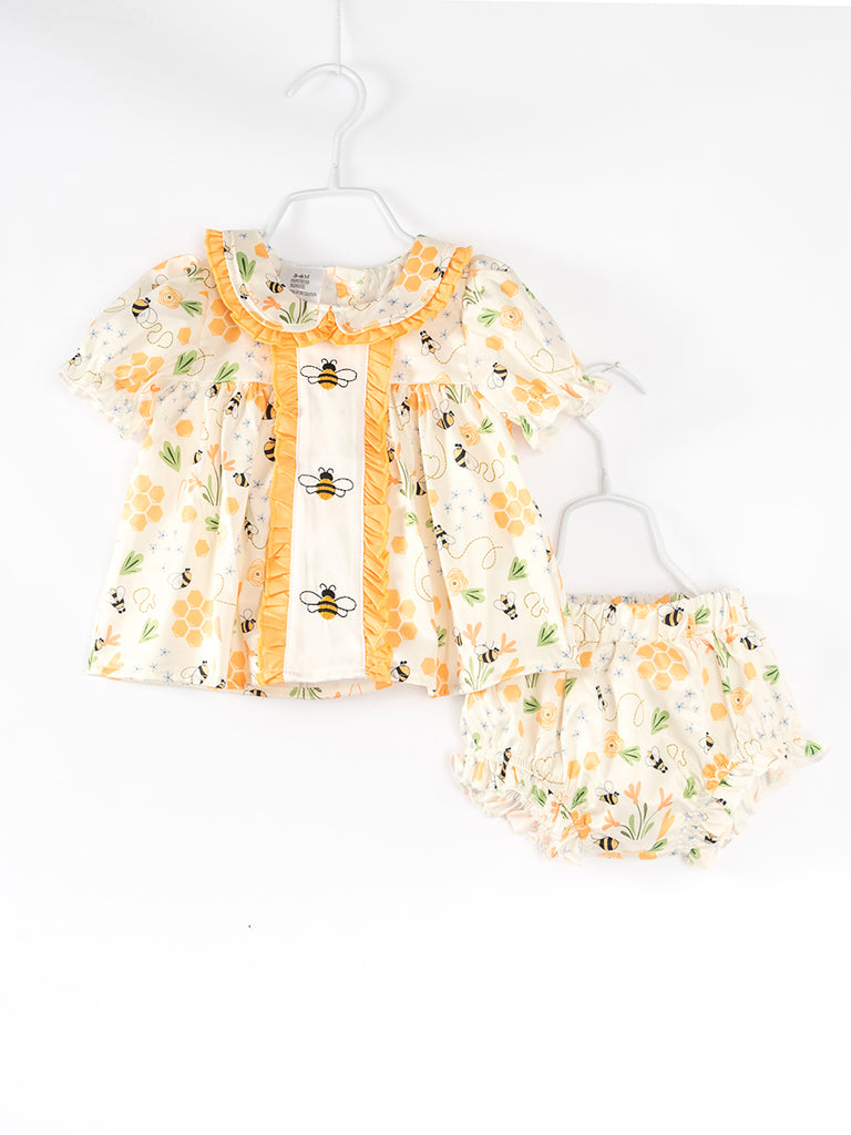 Bee Flower Ruffle Baby Girl Bloomer Romper Set-baby clothing wholesale