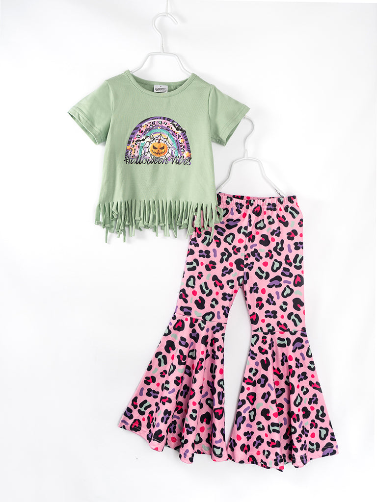 Halloween Vibes Pink Leopard Rainbow Girl Bell Pant Set-kid clothing wholesale