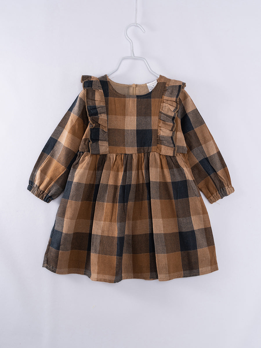 Yellow Beige Plaid Ruffle Girl Dress