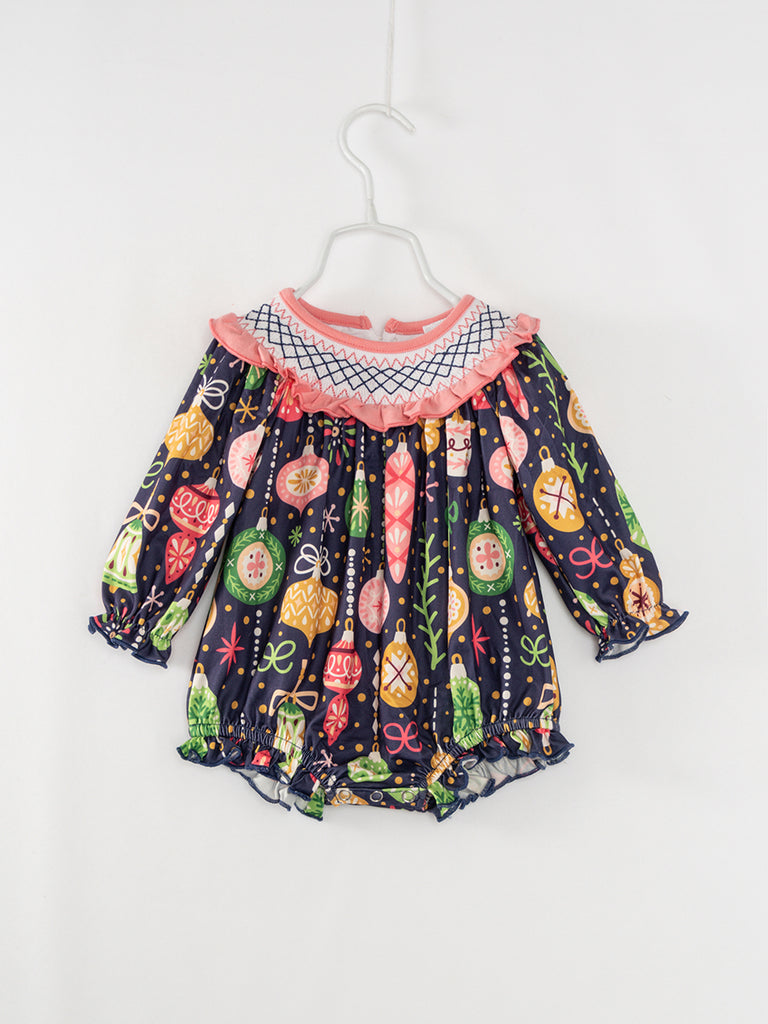 Christmas Lights Ruffle Baby Girl Smocked Bubble Romper-baby clothes wholesale