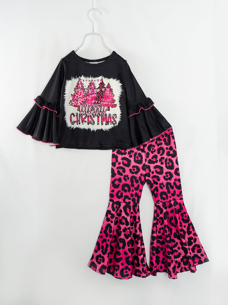 Christmas Pink Leopard Tree Ruffle Girl Pant Set