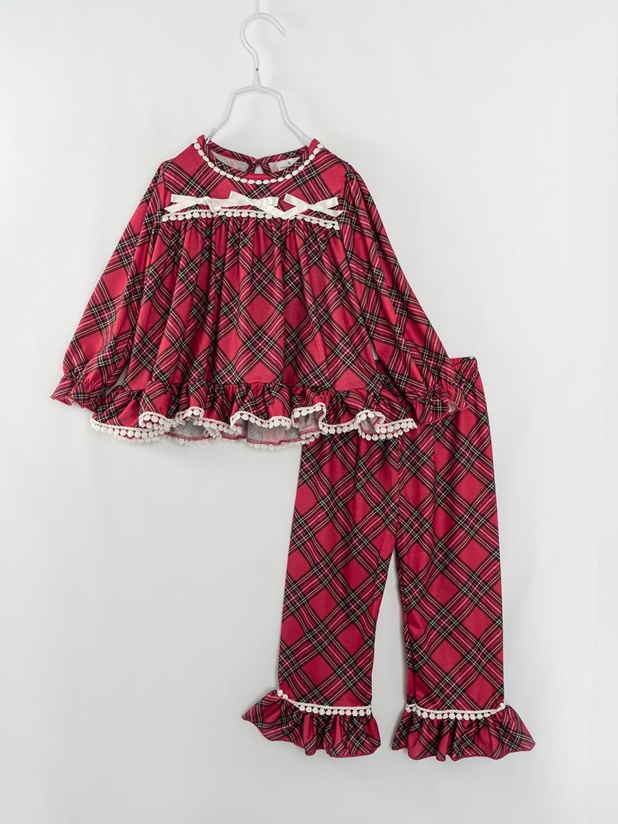 Red Plaid Ribbon Ruffle Girl Outfit Pajamas