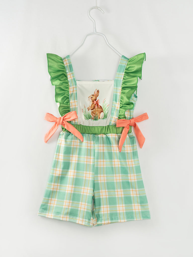 Easter Green Plaid Bunny Ruffle Girl Jumpsuit