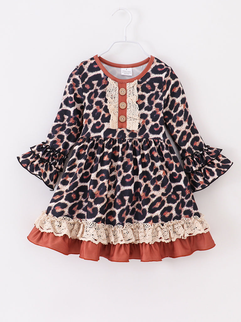 Brown Leopard Lace Ruffle Girl Dress boutique wholesale
