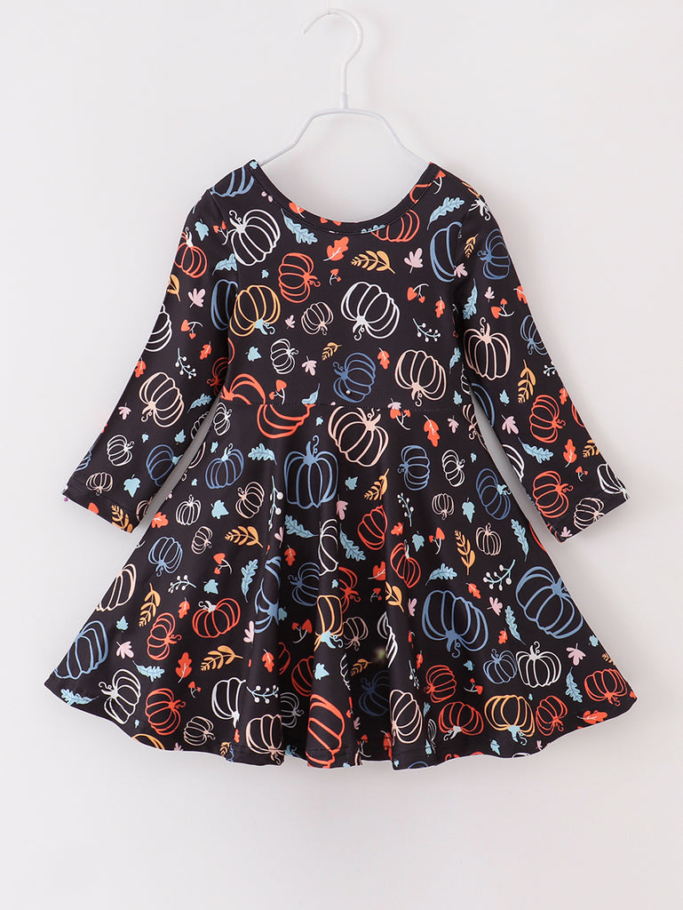 Navy Pumpkin Print Girl Twirl Dress