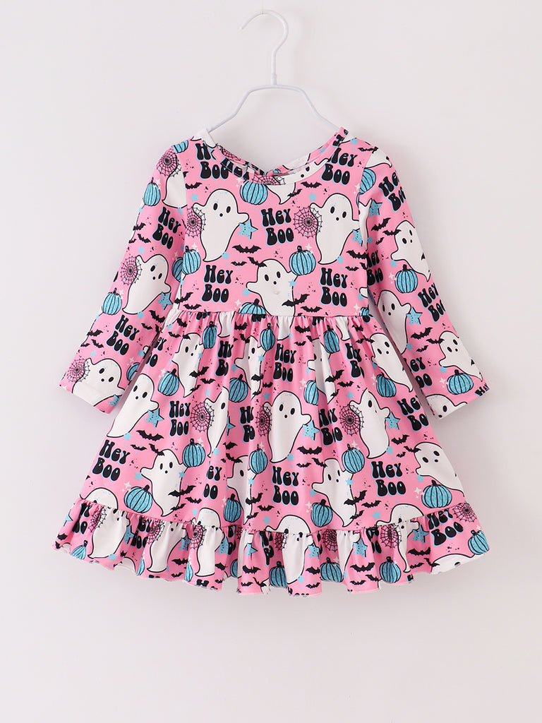 Halloween Pink Hey Boo Ghose Print Girl Twirl Dress