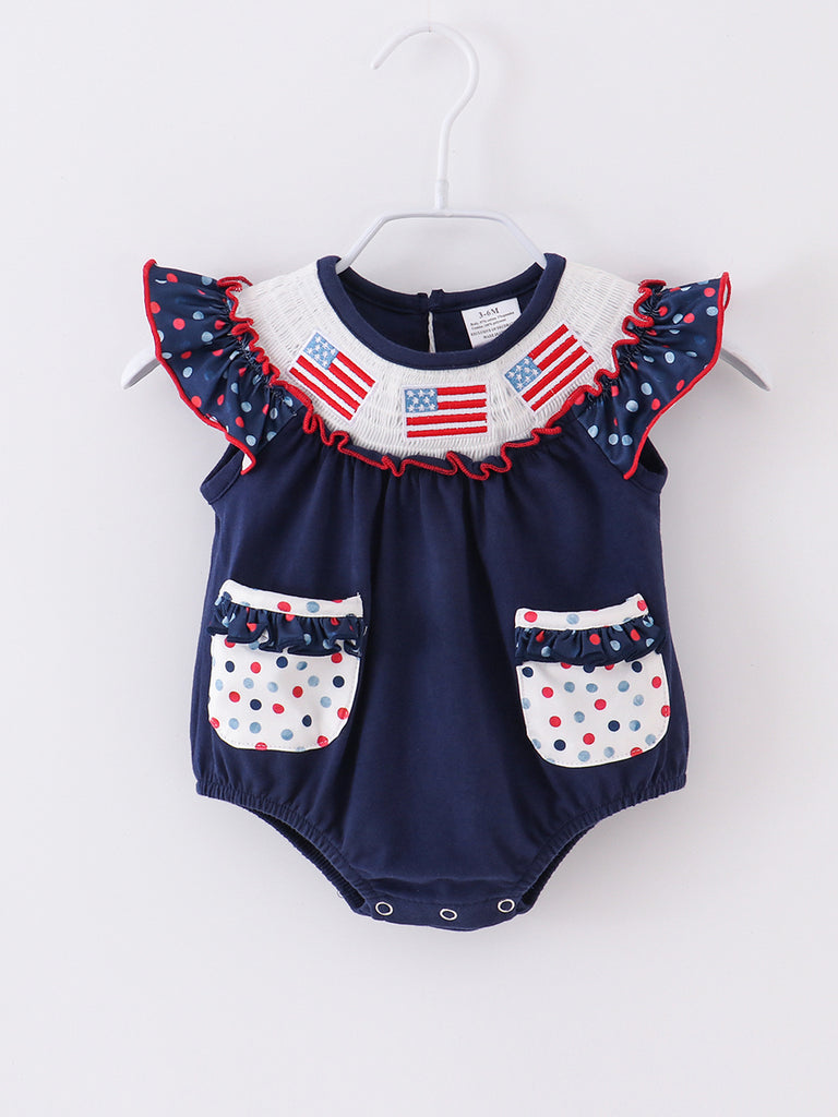 Online Children's Boutique Clothing Store Hayward, Alameda, Ca - Blue Flag Smocked Baby Romper
