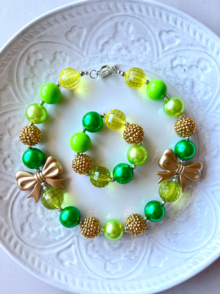 Online Children's Boutique Clothing Store Hayward, Alameda, Ca - Gold Bow Green Chunky Necklace
