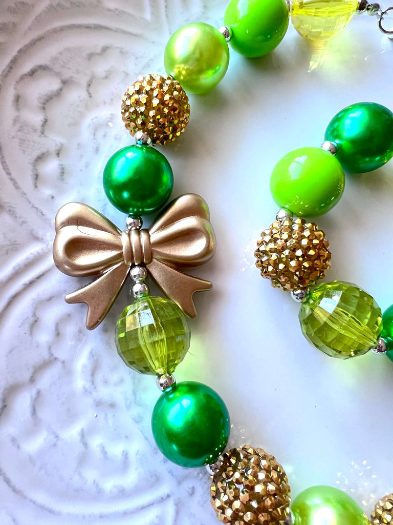 Online Children's Boutique Clothing Store Hayward, Alameda, Ca - Gold Bow Green Chunky Necklace