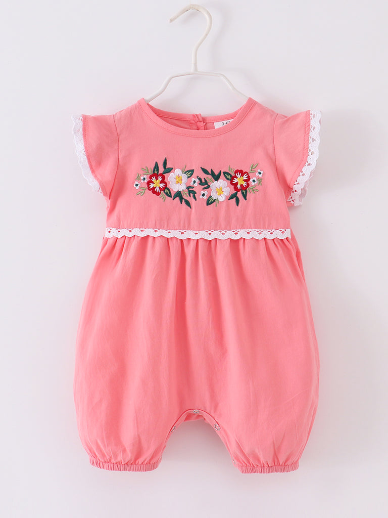 Online Children's Boutique Clothing Store Hayward, Alameda, Ca - Coral Pink Boho Embroidery Floral Baby Romper