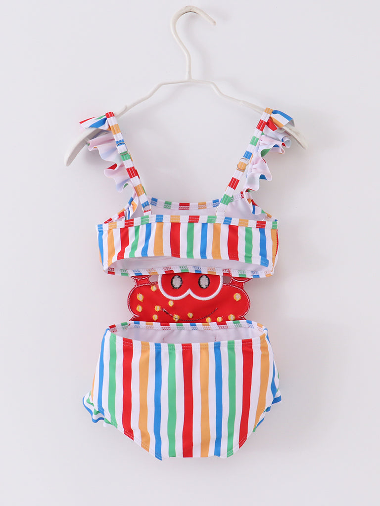 Stripe Applique Crab Cut Out One Piece Girl Swimsuit