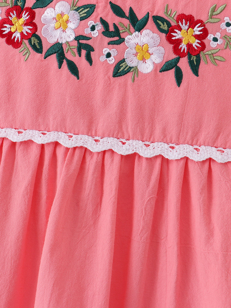 Online Children's Boutique Clothing Store Hayward, Alameda, Ca - Coral Pink Boho Embroidery Floral Girl Dress