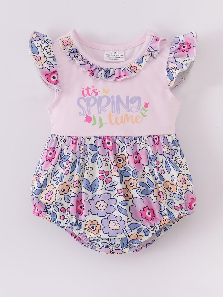 Spring Time Purple Floral Ruffle Baby Bubble Romper