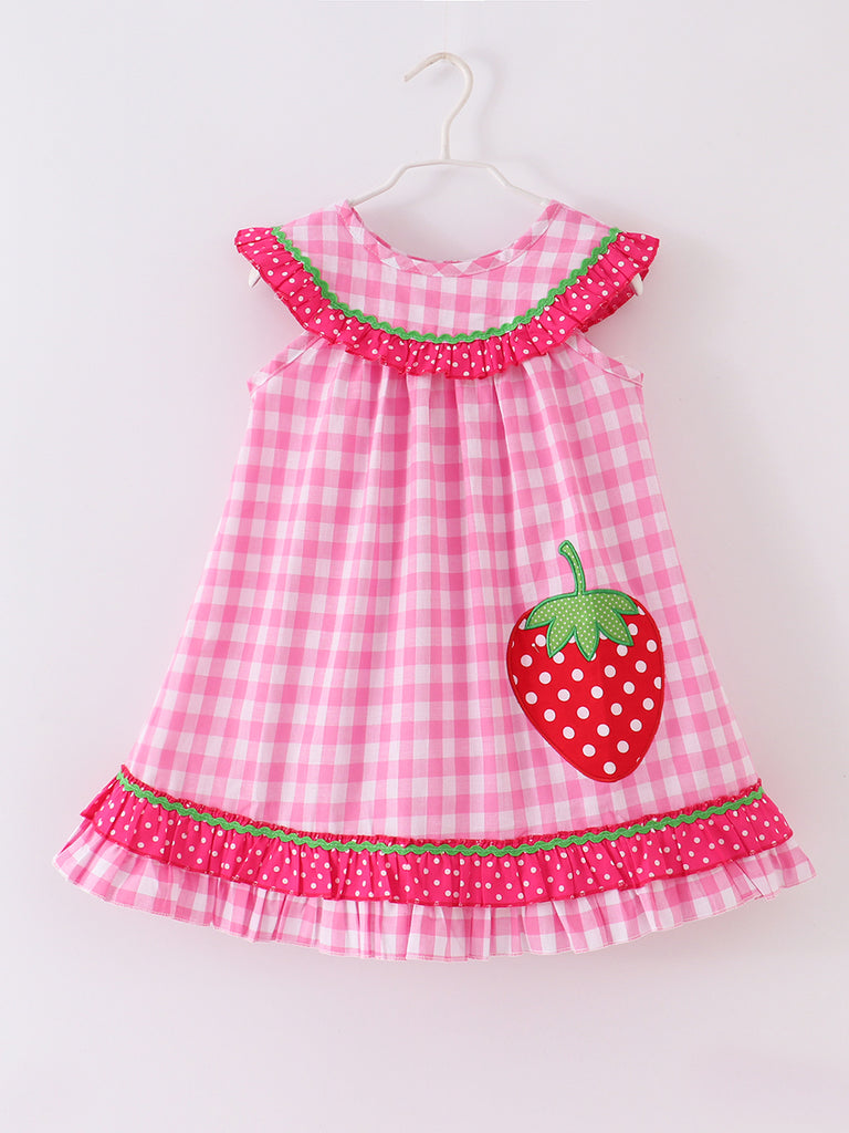 Online Children's Boutique Clothing Store Hayward, Alameda, Ca - Pink Plaid Applique Strawberry Girl Dress