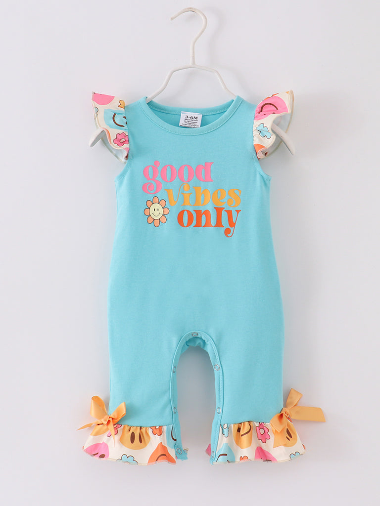 Online Children's Boutique Clothing Store Hayward, Alameda, Ca - Blue Smile Vibes Only Ruffle Baby Romper