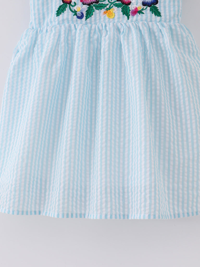 Online Children's Boutique Clothing Store Hayward, Alameda, Ca - Blue Stripe Embroidery Flower Smocked Girl Dress