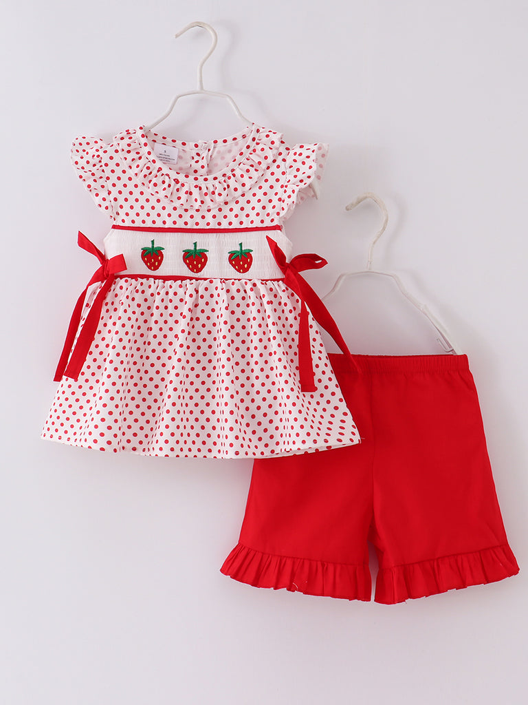 Online Children's Boutique Clothing Store Hayward, Alameda, Ca - Pink Strawberry Smocked Girl Short Set