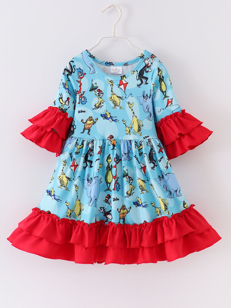 Online Children's Boutique Clothing Store Hayward, Alameda, Ca - Dr. Seuss Blue Red Ruffle Girl Dress